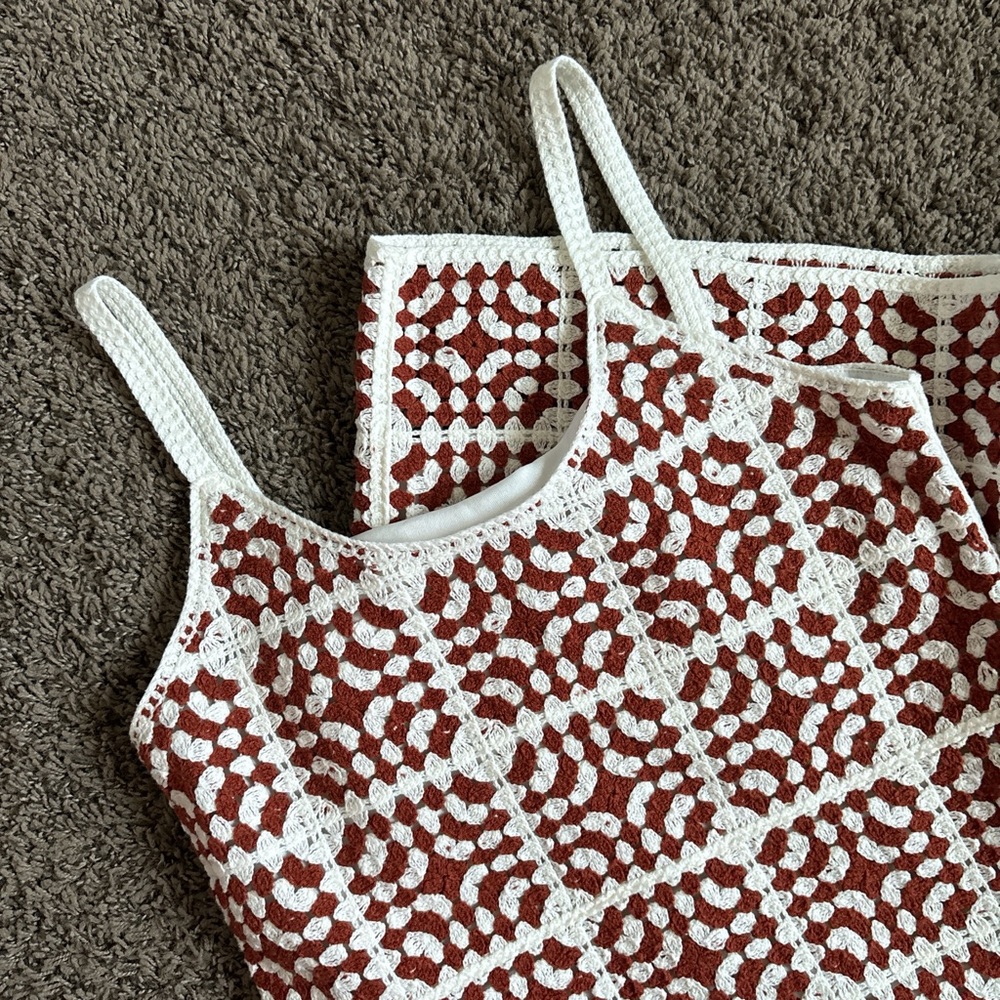 White and Rust Crochet Double Lined Dress